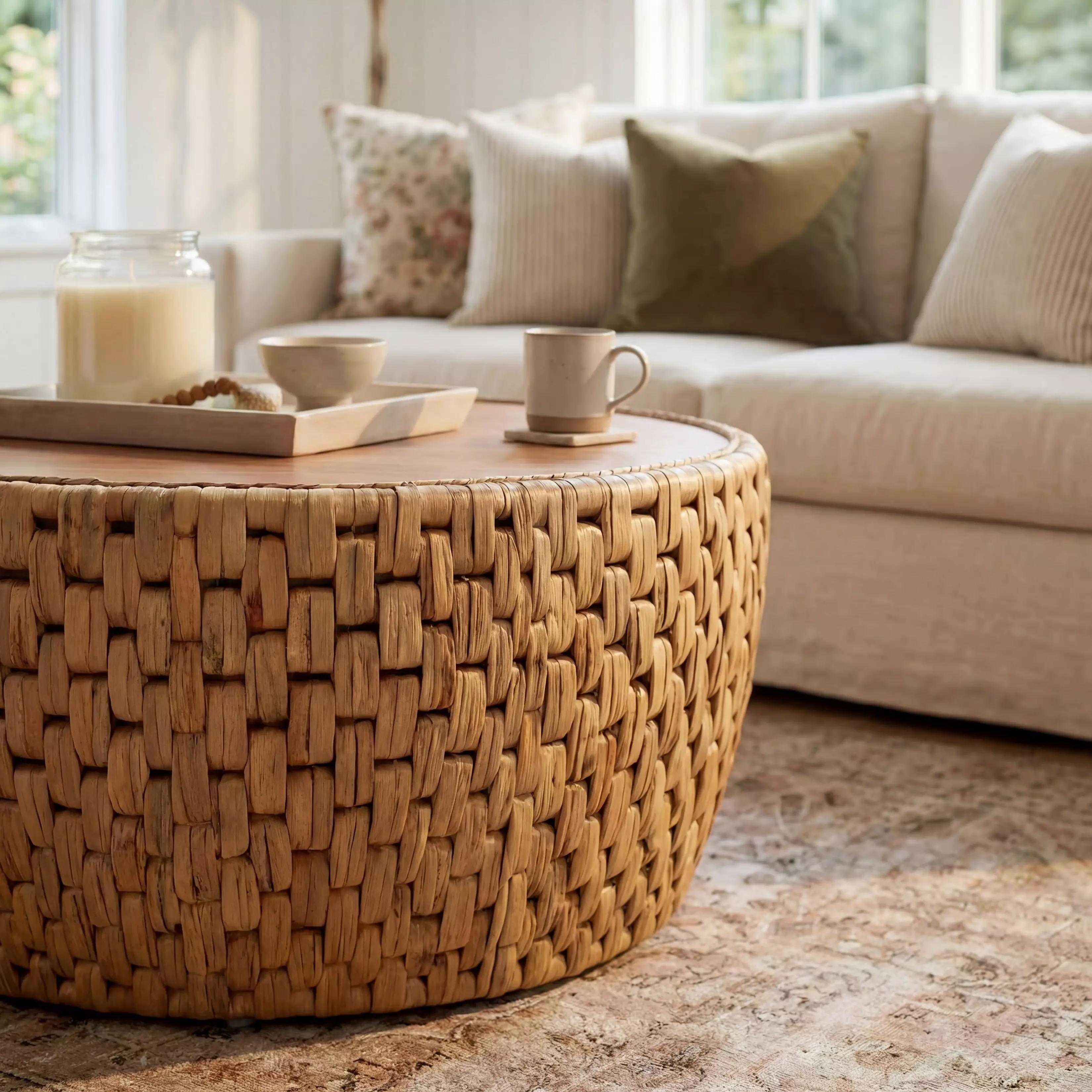 Captiva neutral Rattan Round Drum Coffee Table From Butler