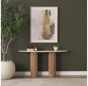 Marbrello Botticino and Light Brown D Shape Marble Top Console Table
