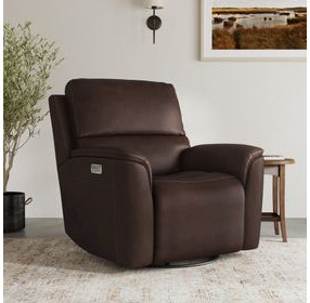 Henry Burnt Umber Leather Swivel Gliding Power Recliner with USB Charging and Heat Massage