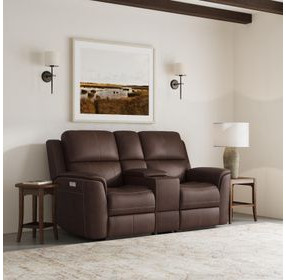 Henry Brown Leather Power Reclining Console Loveseat with Power Headrest and Lumbar