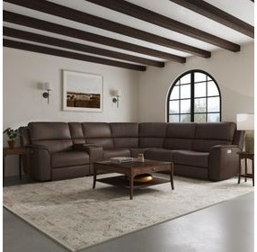 Henry Burnt Umber Leather 6 Piece Modular Zero Gravity Power Reclining Sectional with Power Headrest and USB Charging