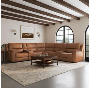 Henry Caramel Leather 7 Piece Modular Zero Gravity Power Reclining Sectional with Power Headrests and USB Charging