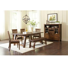 Cannon Valley Medium Brown Upholstered 5 Piece Dining Set with Bench and Nailhead Trim