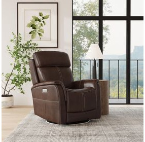 View Dark Blue Leather Swivel Power Recliner with Power Lumbar and USB Charging
