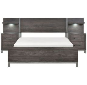 Zephyr Brownish Gray Storage Wall Bedroom Set with Nightstand and LED Lighting