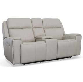 Barnett Cream Leather Power Reclining Console 77" Loveseat With Power Headrest And Lumbar