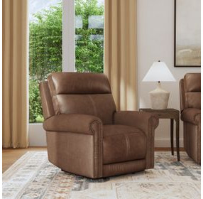 Alexander Weathered Khaki Brown Leather Zero Gravity Triple Power Recliner with USB Charging and Nailhead Trim