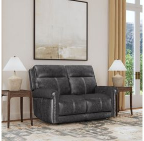 Alexander Weathered Stone Gray Leather 64" Zero Gravity Triple Power Reclining Loveseat with USB Charging and Nailhead Trim