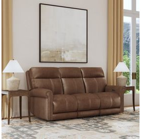Alexander Weathered Khaki Brown Leather 87" Zero Gravity Triple Power Reclining Sofa with USB Charging and Nailhead Trim