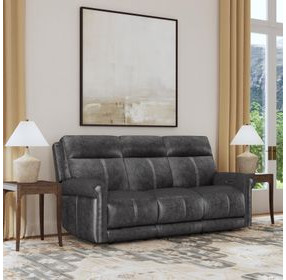 Alexander Weathered Stone Gray Leather 87" Zero Gravity Triple Power Reclining Loveseat with USB Charging and Nailhead Trim