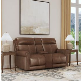 Alexander Weathered Khaki Brown Leather 76" Zero Gravity Triple Power Reclining Loveseat with USB Charging and Nailhead Trim