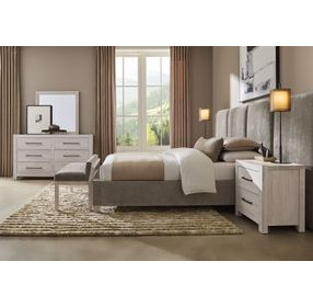Joinery Espresso Oak and Brindle Gray Performance Fabric Queen Upholstered Wall Panel Bed