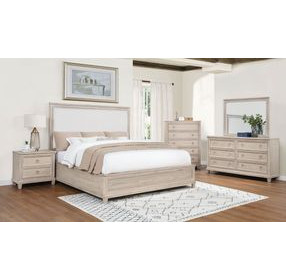 Pembroke Washed Oak and Cream California King Upholstered Panel Bed with Nailhead Trim