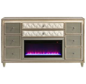 Lorient Ivory Upholstered 8 Drawer Flame Box Dresser with LED Light