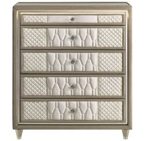 Lorient Ivory and Camel Upholstered 5 Drawer Chest with LED Light