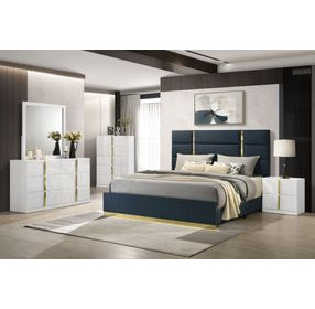 Ines Navy and Gold Queen Upholstered Panel Bed