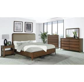 Maderia Walnut and Taupe California King Upholstered Panel Bed