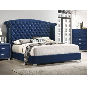 Melody Pacific Blue California King Upholstered Panel Bed with Nailhead Trim