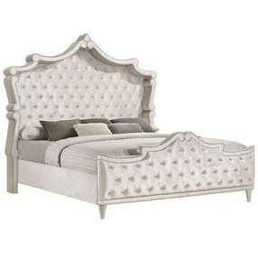 Antonella Ivory California King Upholstered Panel Bed with Nailhead Trim