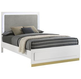 Caraway White and Gray California King Upholstered Panel Bed with LED Light