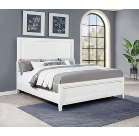 Marielle Distressed White King Upholstered Panel Bed