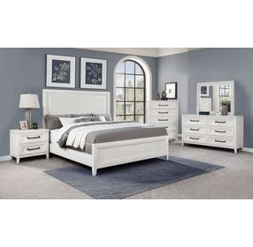Marielle Distressed White California King Upholstered Panel Bed