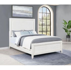 Marielle Distressed White Queen Upholstered Panel Bed