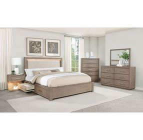 Kenora Barley Brown and Beige California King Upholstered Storage Panel Bed with LED Light