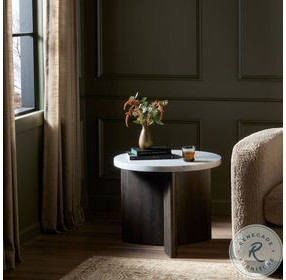 Toli Italian White Marble and Smoked Black Veneer Round End Table