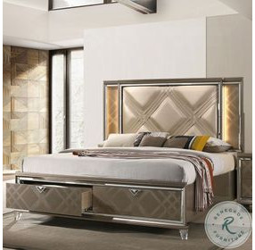 Skylar Synthetic Leather and Dark Champagne Eastern King Upholstered Panel Bed with Storage and LED