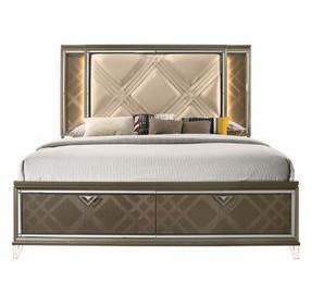 Skylar Beige and Dark Champagne Upholstered Storage Panel Bedroom Set with LED