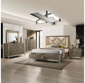 Skylar Beige and Dark Champagne Upholstered Storage Panel Bedroom Set with LED