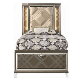 Skylar Beige and Dark Champagne Upholstered Storage Youth Panel Bedroom Set with LED