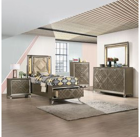 Skylar Beige and Dark Champagne Twin Upholstered Storage Panel Bed with LED