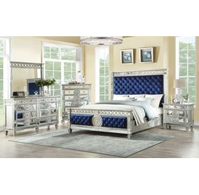 Varian Blue and Silver Upholstered Panel Bedroom Set with Nailhead Trim