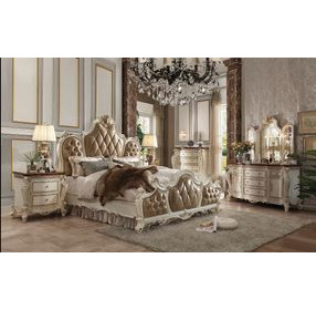 Picardy Butterscotch and Antique Pearl Queen Upholstered Panel Bed with Nailhead Trim