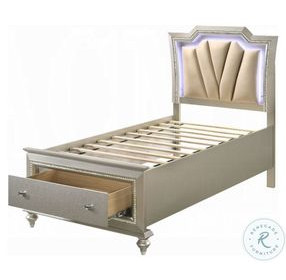 Kaitlyn Synthetic Leather and Champagne Twin Upholstered Storage Bed with LED Lighting