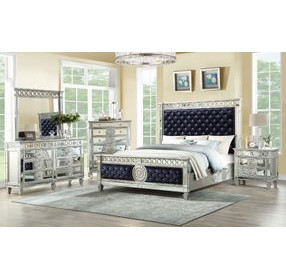 Varian Dark Navy and Silver Queen Upholstered Panel Bed with Nailhead Trim