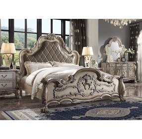 Dresden Vintage Bone White and Gray King Upholstered Panel Bed with Nailhead Trim