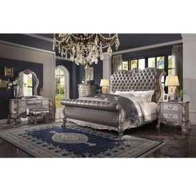 Dresden Vintage Bone White and Gray Queen Upholstered Sleigh Bed with Nailhead Trim