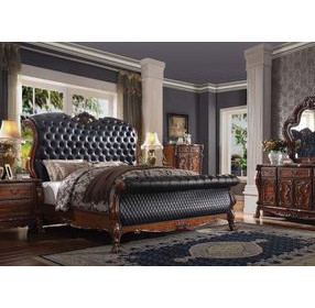 Dresden Black and Cherry Oak King Upholstered Sleigh Bed with Nailhead Trim