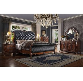 Dresden Black and Cherry Oak Queen Upholstered Sleigh Bed with Nailhead Trim