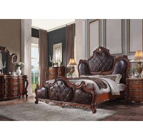 Picardy Dark Brown and Honey Oak King Upholstered Panel Bed with Nailhead Trim