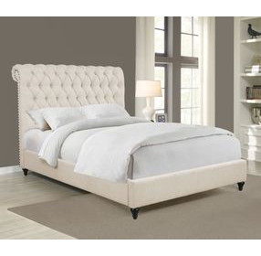 Devon Beige California King Upholstered Panel Bed with Nailhead Trim