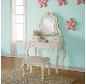 Edalene Pearl White 3 Drawer Vanity Desk with Mirror