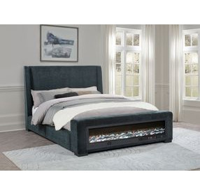 Preston Dark Blue California King Upholstered Platform Bed with Audio Flame Visualizer