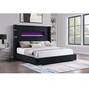 Tisdall Black California King Upholstered Panel Bed with Flame Visualizer