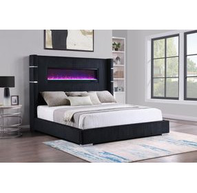 Tisdall Black Queen Upholstered Fireplace Panel Bed