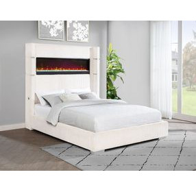 Tisdall Cream California King Upholstered Panel Bed with Flame Visualizer