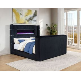 Tisdall Black King Upholstered Panel Bed with USB Charging and Hidden TV Mount